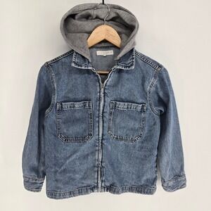 Zara Denim Jacket Kids 8-9 Blue Detachable Grey Hood Full Zip Jean Coat Layered